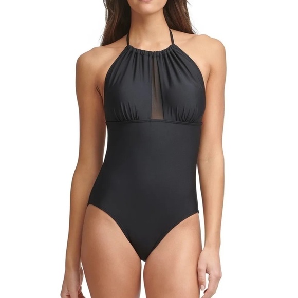 Calvin Klein BLACK Mesh-Inset Tummy Control One-Piece Swimsuit - Picture 1 of 13